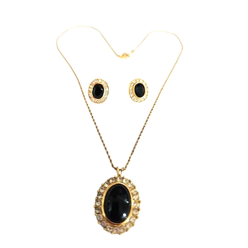 Trifari Goldtone Black Enamel And Crystal Necklace and Earring Set